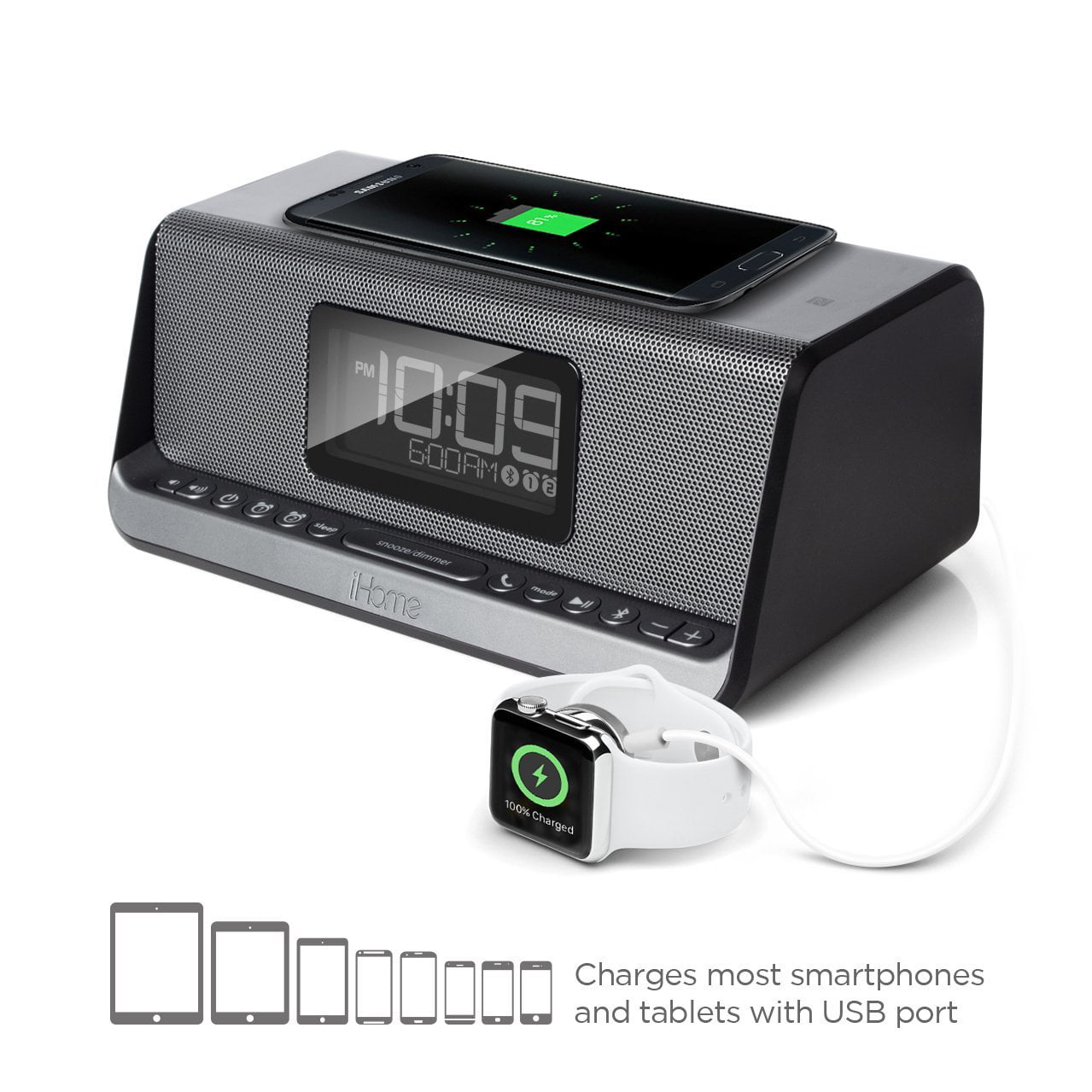 iHome Bluetooth Stereo Dual Alarm Clock with Speakerphone Wireless Charging.NEW 