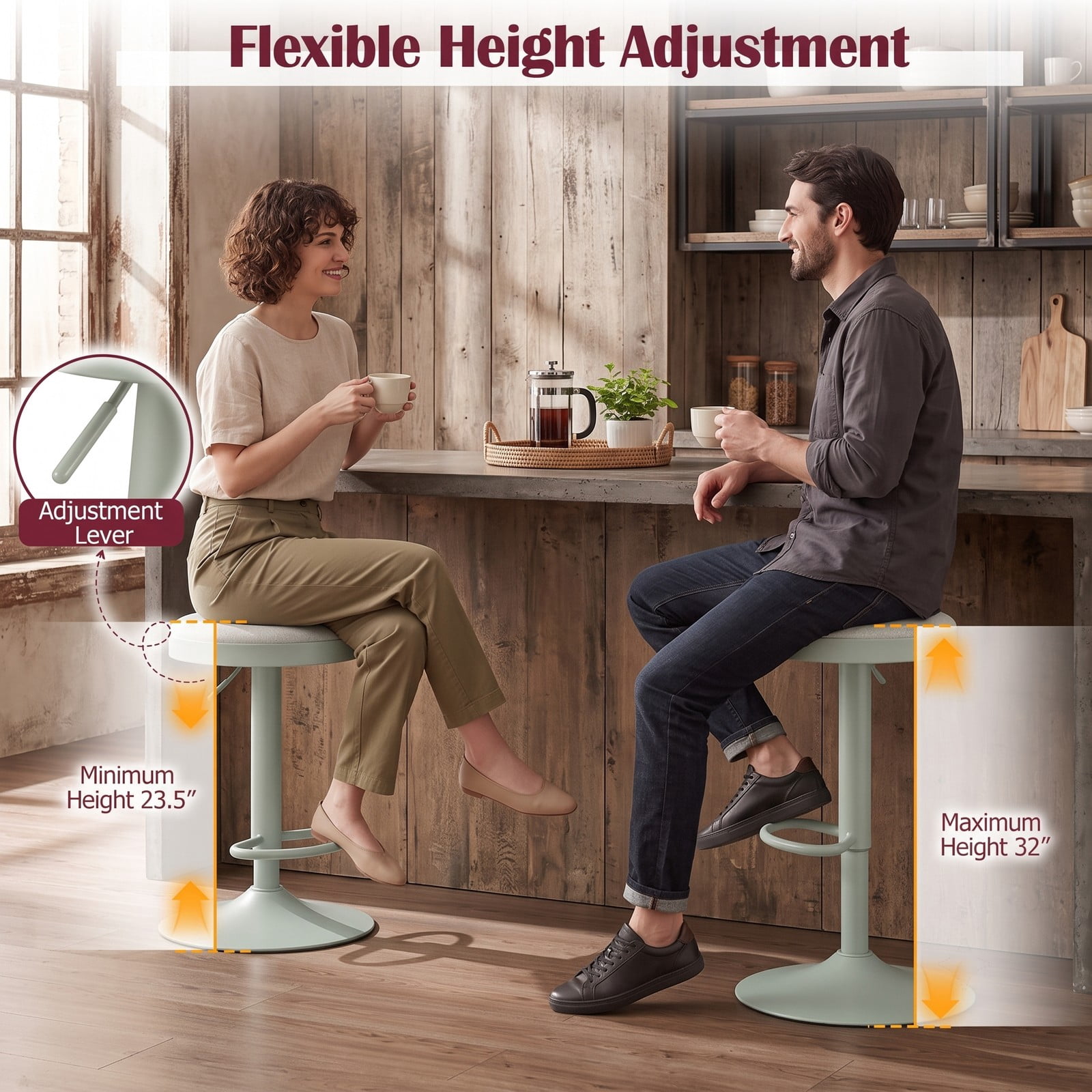 Furnibear Set of 2 Swivel Bar Stools, Height Adjustable Counter Stools with Cushioned Fabric Seat, D-Shaped Footrest and Rubber-Ring Base for Kitchen Island, Green