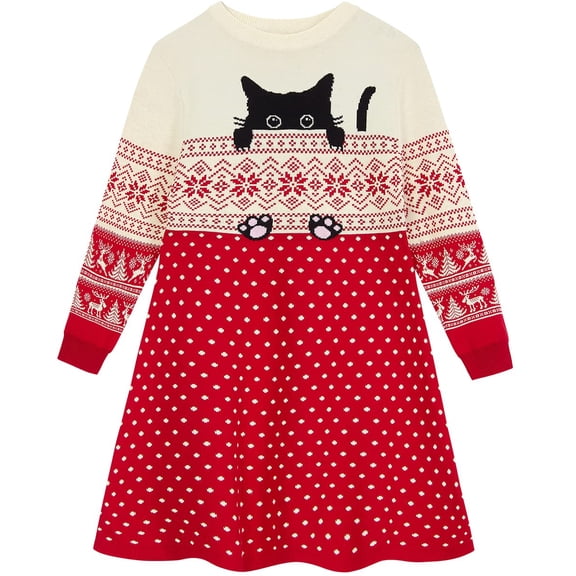 Aideaone Girls Sweater Dress Little Girls Christmas Knit Dresses Long Sleeve Xmas Cartoon Snowflake Print A Line Casual Holiday Party Sundress For 4-11Y