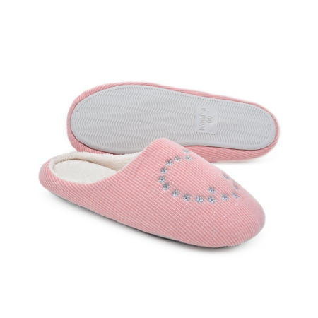 

Newina Pink Women’s Memory Foam Clog Slippers Coral Velvet Lined Embroidered Cotton Knitting Fabric House Shoes Anti-Skid Rubber Sole