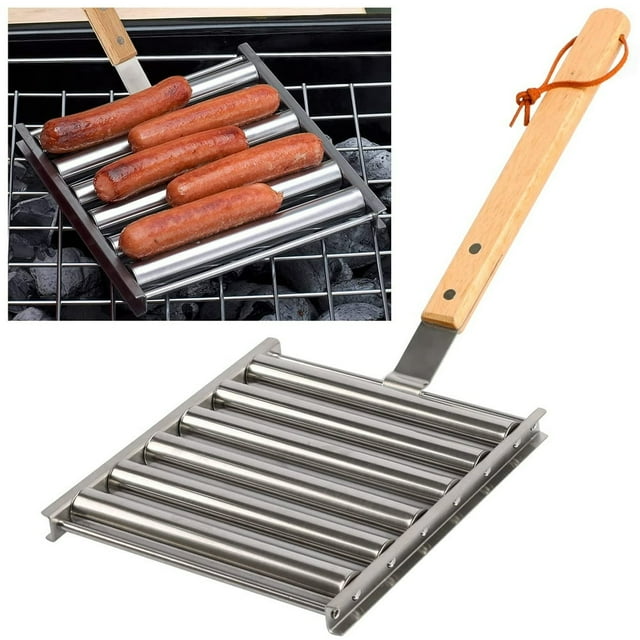 MesaSe Rouleau à Saucisses en Acier Inoxydable pour Grill Barbecue Manche en Bois Extra Long Cuisson Uniforme Outil de Barbecue Extérieur Accessoires de Grill