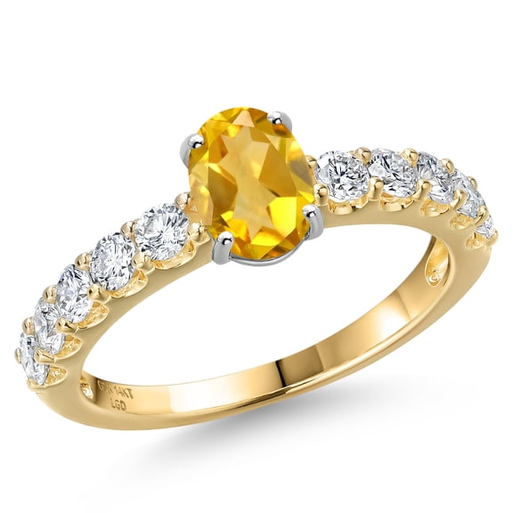 Gem Stone King 14K Two Tone Gold Yellow Citrine and Lab Grown Diamond Engagement Ring for Women | 1.40 Cttw | Oval 7X5MM | Gemstone November Birthstone | Size 9