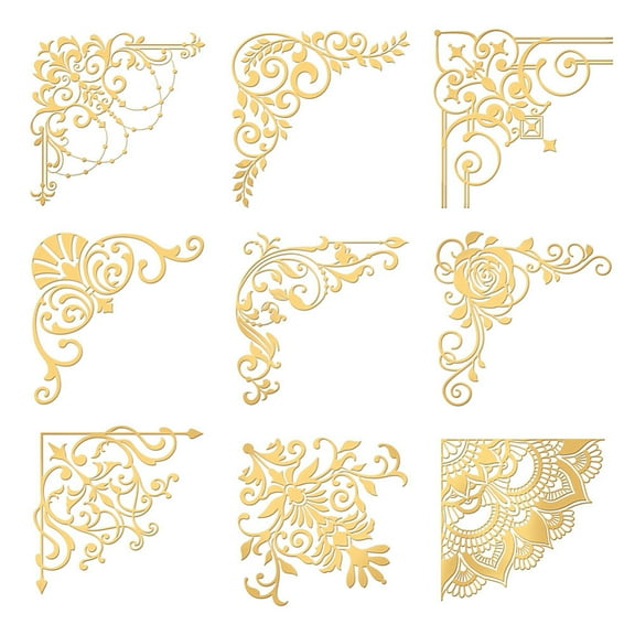 1Set 9pcs 1.6x1.6 inch Patterned Stickers Edge Tiles Sticker Self Adhesive Gold Stickers Vintage Border Corner Metal Gold Stickers for Scrapbooks DIY Resin Crafts Phone & Water Bottle Decoration