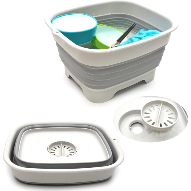 2 in 1 Collapsible Dish Basin with Drain Plug, Space Saving Outdoor Multiuse Foldable Sink Tub Dishpan Drain Kitchen Storage Tray for Camping Wash Cleaning Tool, RV Colander Versatile Strainer