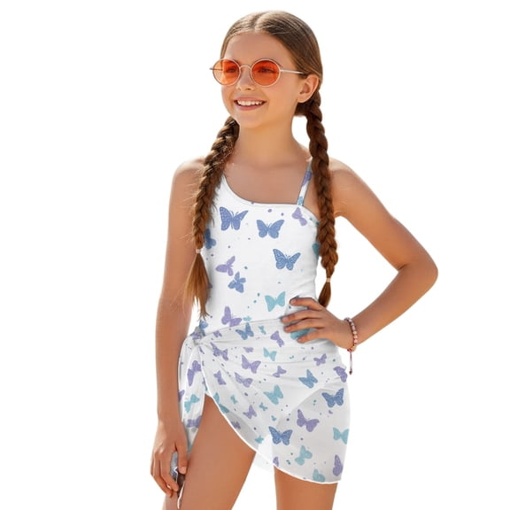 Whosucclay Butterfly Pattern Girls One Piece Swimsuits, Mesh Fabric Removable Pad Removable Bra Girls' Swimsuit with Adjustable Shoulder Straps and Mesh Cover Up, 9-10 Years Old