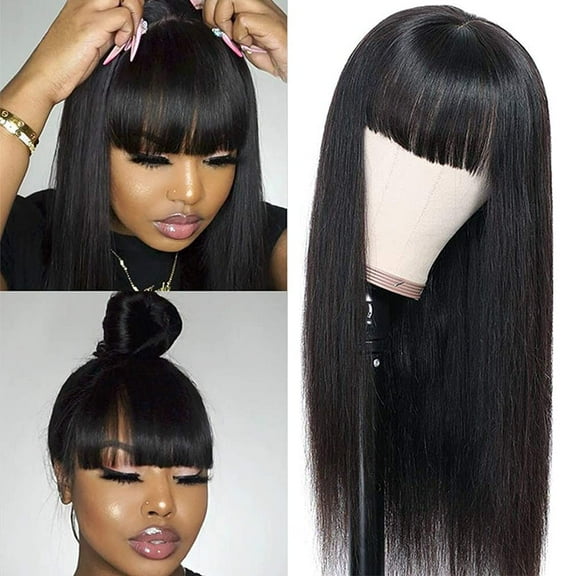 Silky Bone Straight Human Hair Wigs With Bangs None Lace Front Wigs For Women 180% Density Unprocessed Brazilian Virgin Human Hair Wigs Machine Made Glueless Wigs 16inch