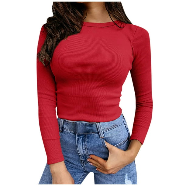 Women's Ribbed Knit Tops Crewneck Solid Color Long Sleeve T Shirts Slim ...