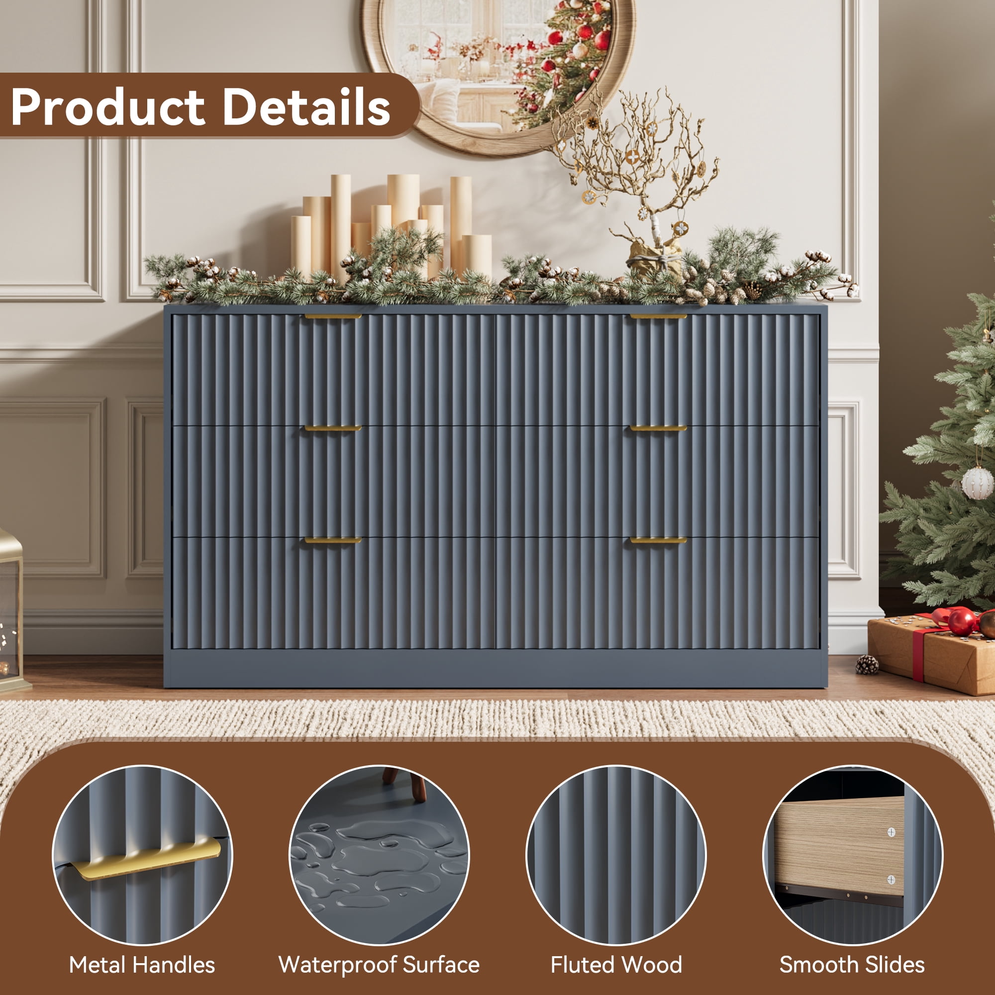 YouTrend 6 Drawer Dresser for Bedroom,55.1"Width Fluted Wood Chest of Drawer with Golden Embedded Handles for Living Room,Blue