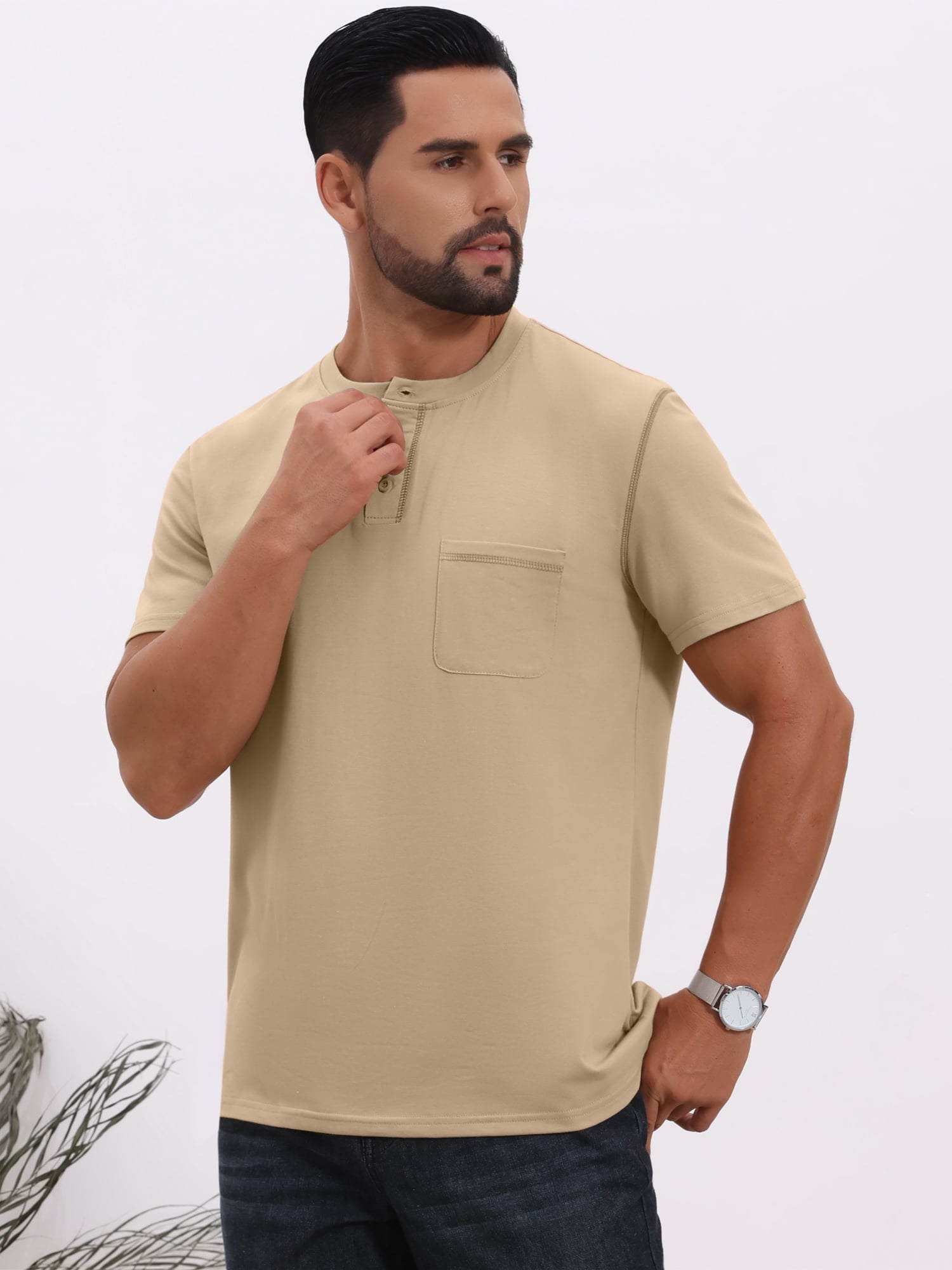 DARING DIVA Men's Henley Crew Neck Short Sleeve Button Down T-Shirt L Khaki