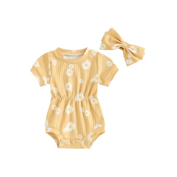 Bslissey Baby Girls Summer Romper Daisy Print Short Sleeve Jumpsuit Newborn Infant Cute Bodysuit with Bow Headband 3M 6M 9M 12M 18M