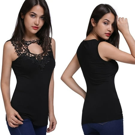 Women Fashion Crochet Lace Front Mounting Elastic Sleeveless Black Top Vest Sexy Solid Color Hollow Tank Top Slim Fit Pullover Shirt Tops