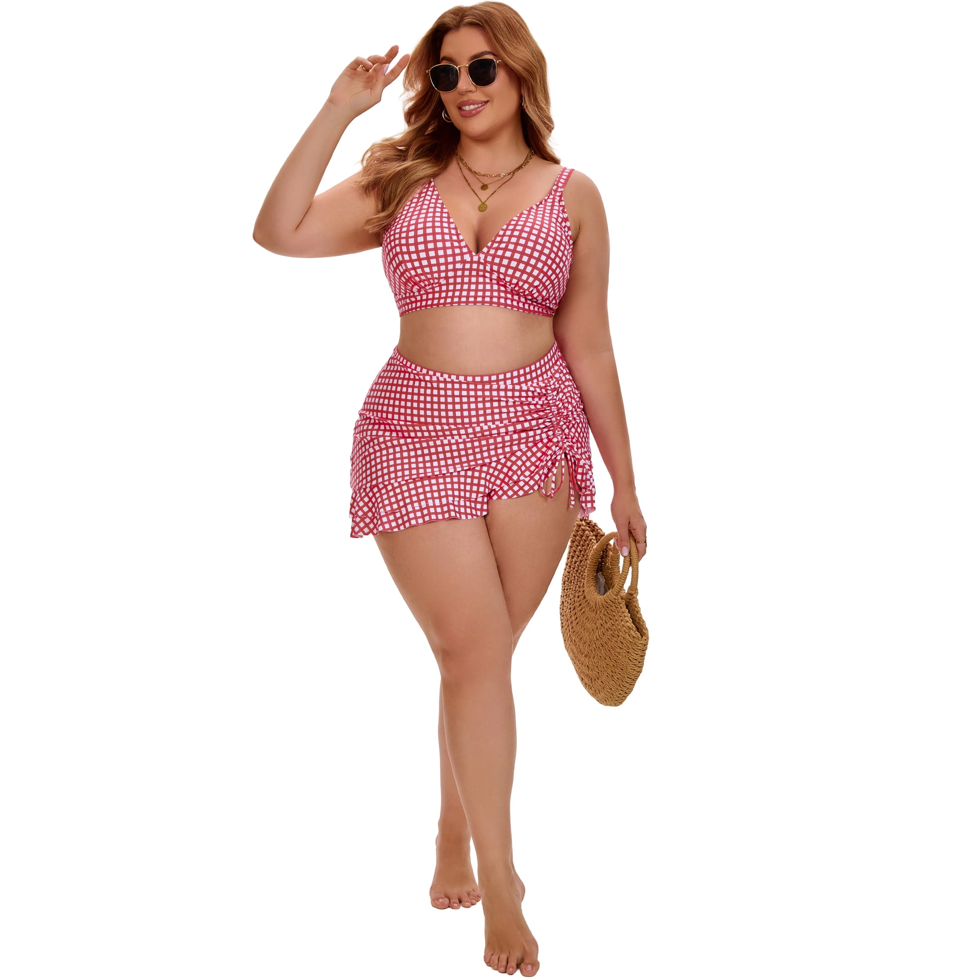 DARING DIVA Women's Plus with Retro Gingham High Waisted Bikini 1X Red