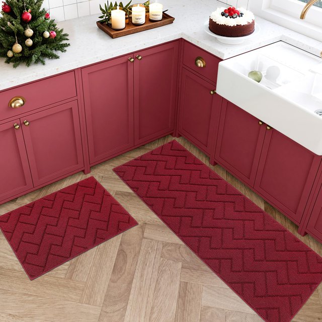 SHIQI-Kitchen Rugs and Mats Sets,2 Pieces Super Absorbent Polypropylene Non-Slip Rug,Soft Comfort Floor Mat,Machine Washable for Kitchen,Hallway,Office,Sink,Laundry(20" x 31.5"+20" x 48",Red)