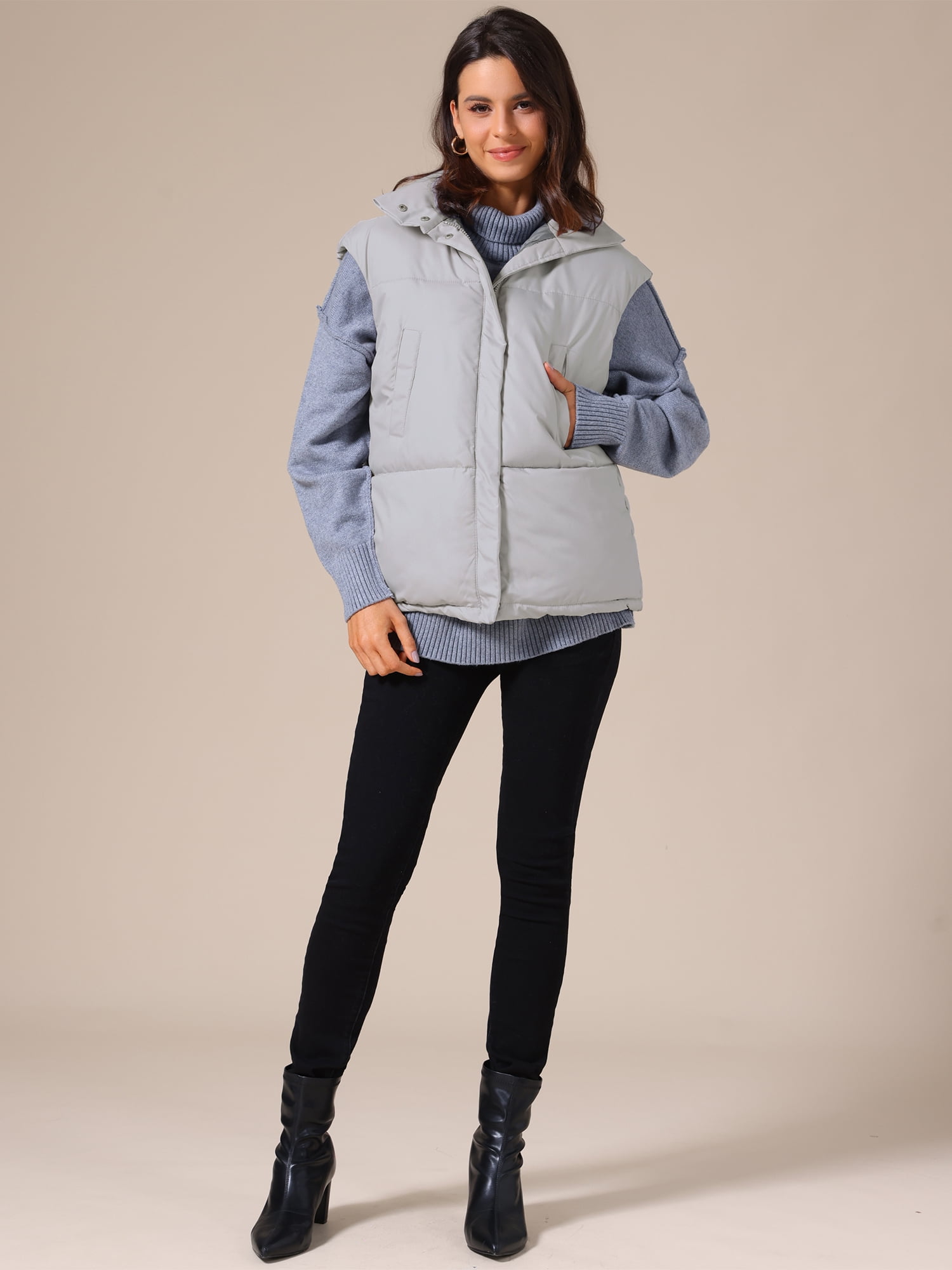 DARING DIVA Women's Puffer Vest Stand Collar Sleeveless Lightweight Jacket S Gray