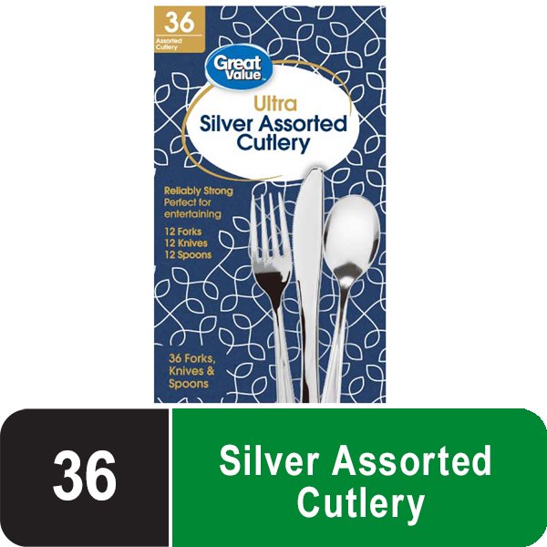 Great Value Ultra Disposable Plastic Cutlery, Silver, Assorted, 36