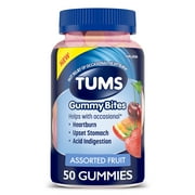 TUMS Gummy Bites Dietary Supplement for Occasional Heartburn Relief, Upset Stomach and Acid Indigestion, Assorted Fruit Flavors - 50 Count