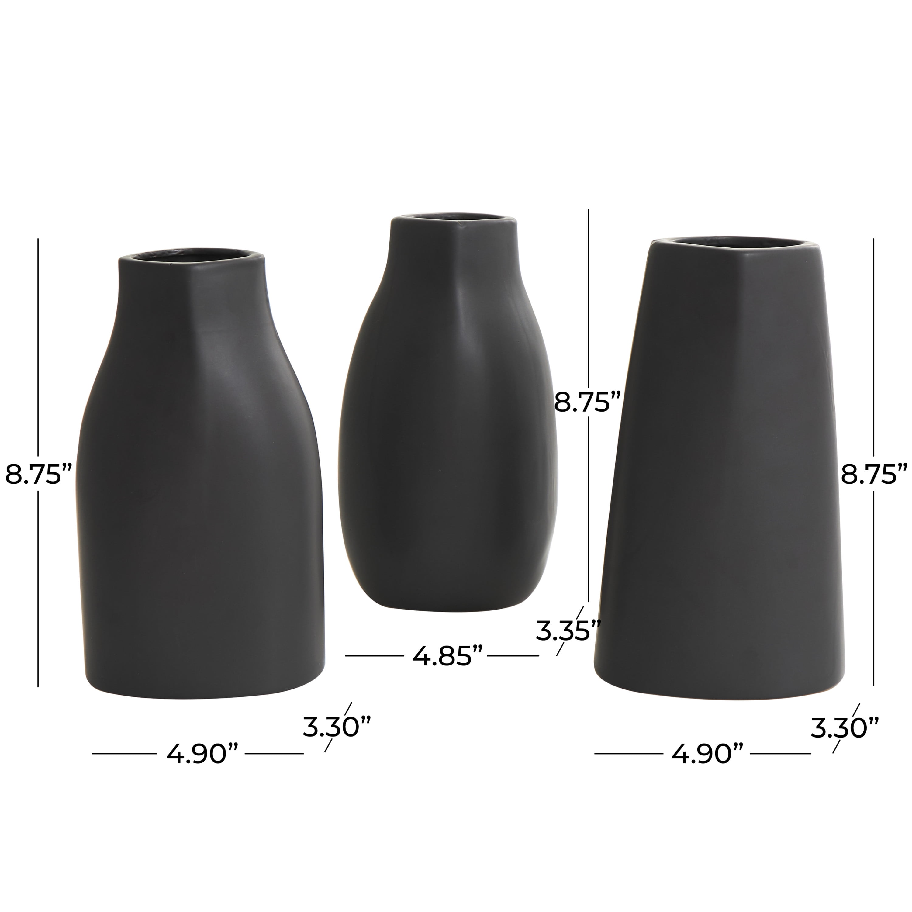 DecMode 5"W, 9"H Minimalistic Dimensional Black Ceramic Vase with Varying Shapes, Set of 3