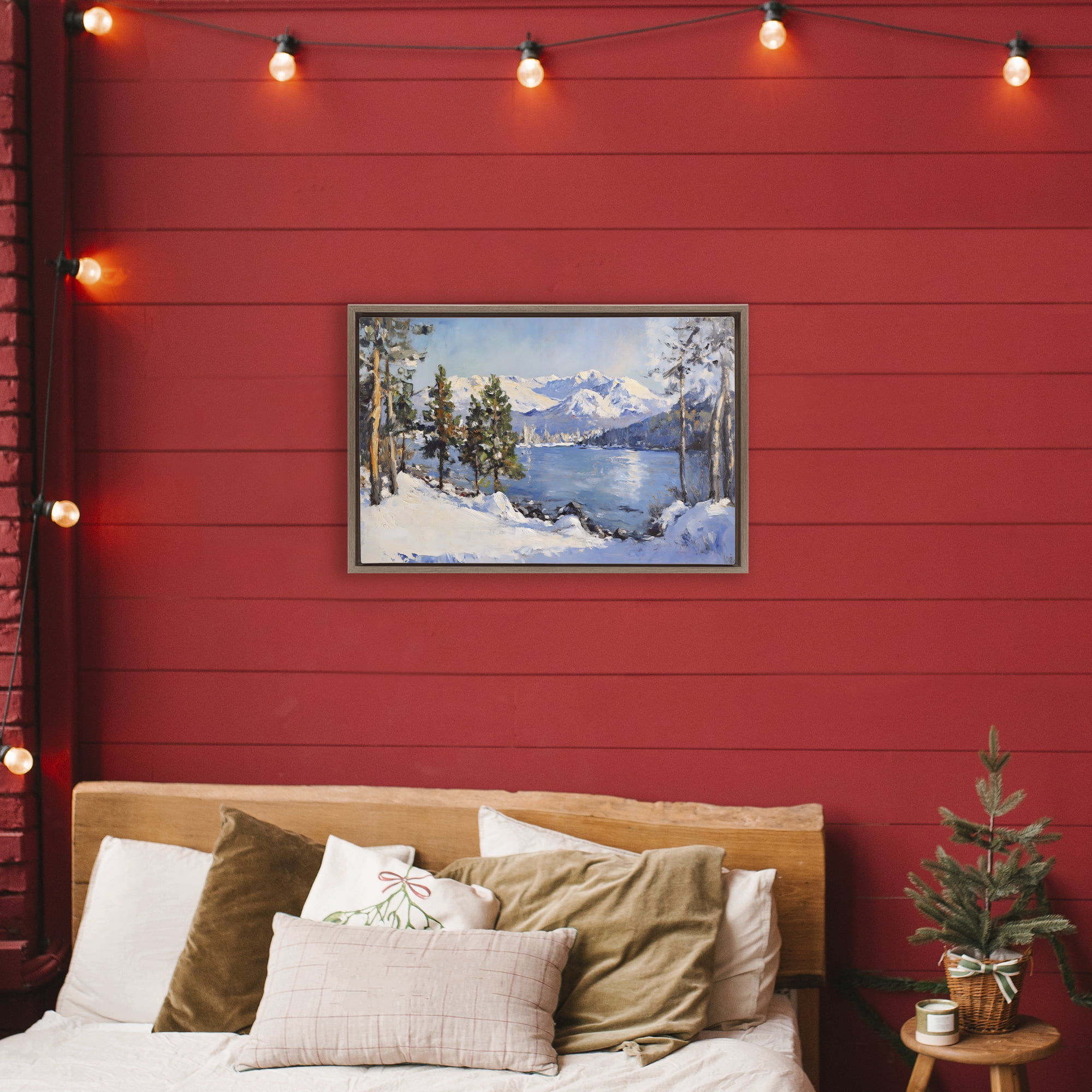 Winter Mountain Lake Brown Framed Floater Canvas Wall Art, design by Petal Prints Design