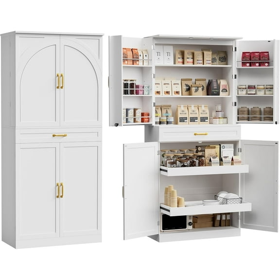 71" Kitchen Pantry Cabinet, Pantry Storage Cabinet with 6 Doors Shelves, Large Drawer & 2 Pull Out Shelves for Dining Room, White