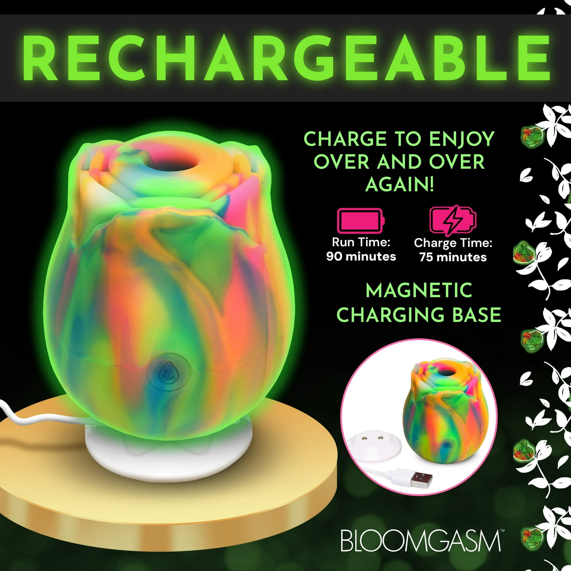 Bloomgasm Glow Rose Glow in the Dark Rose Suction Vibrator, Rainbow