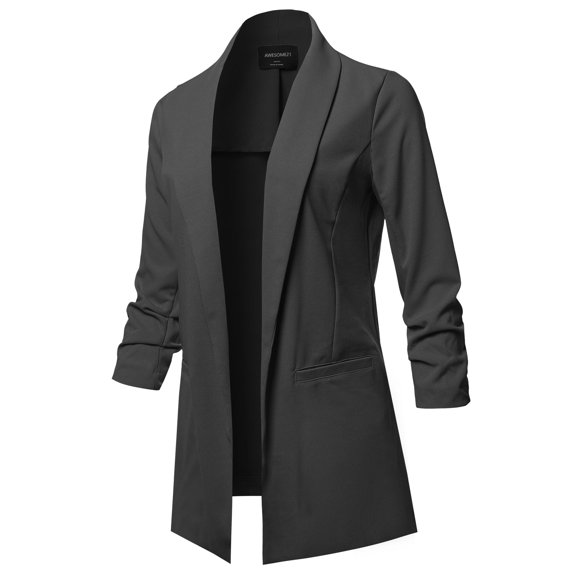 FashionOutfit Women's Solid 3/4 Shirring Sleeves Open Front Blazer Jacket