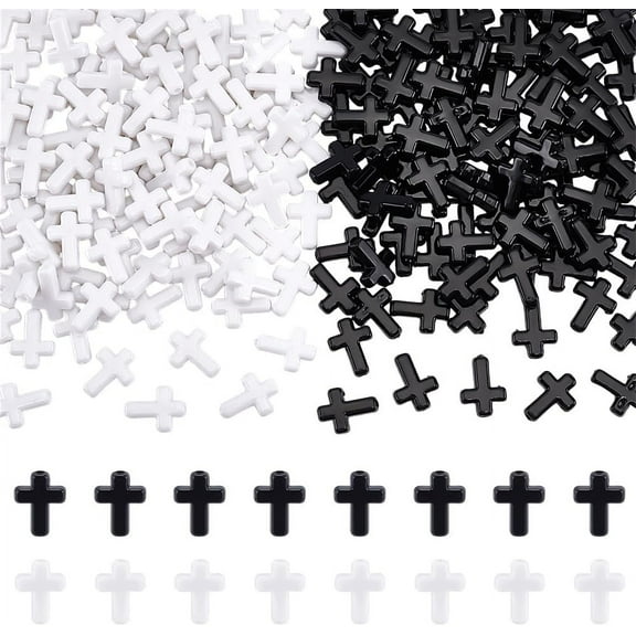 200Pcs 2 Colors Acrylic Cross Beads Small Plastic Cross Beads Mini Tiny Bead White Cross Bead Black Loose Spacer Beads for Bracelets Necklaces Jewelry Making Easter Decoration