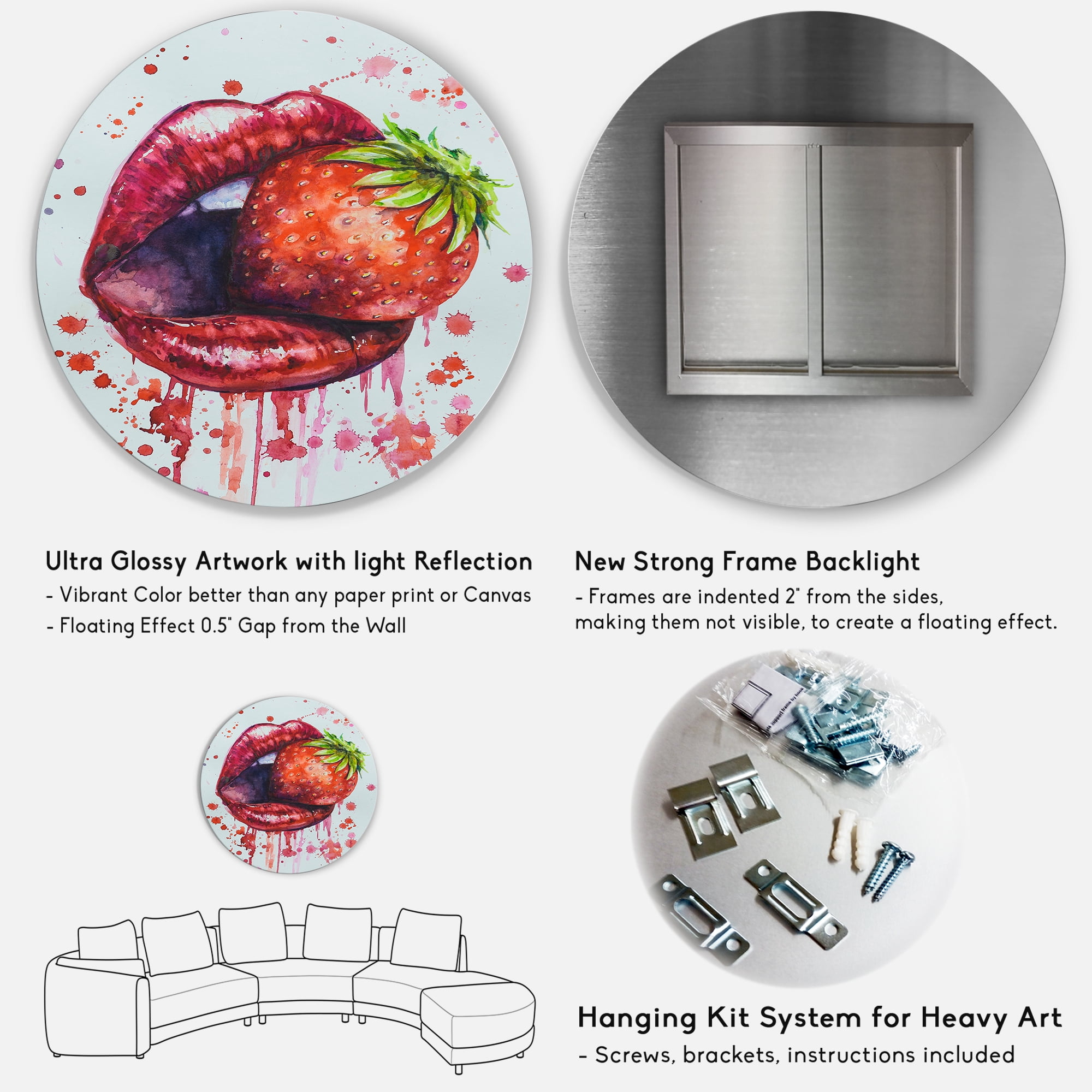 Designart 'Red Girl Lips Eating A Strawberry' Modern Circle Metal Wall Art 29x29 - Disc of 29