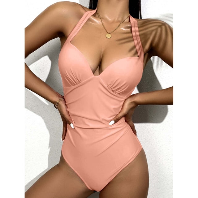 Traje de baño de una pieza para mujer, conjuntos de bikini para mujer, trajes de baño de color liso para mujer, trajes de baño de cintura alta para mujer