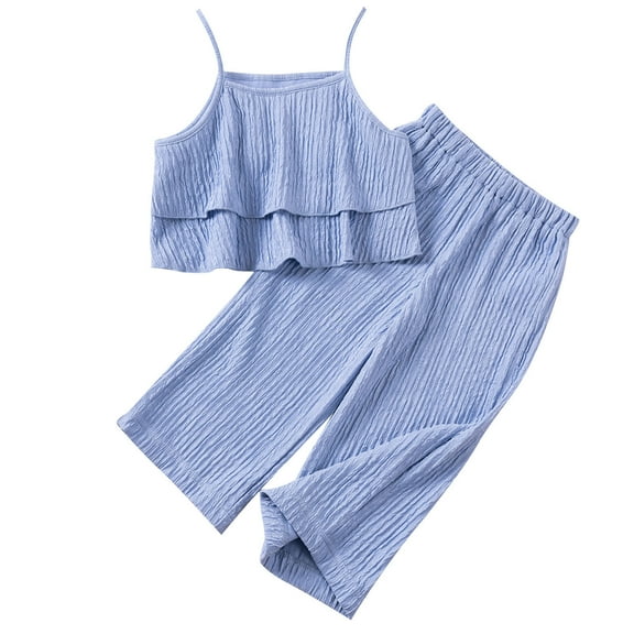 Mikilon 1-13 Years Girls Summer Fashion Sets Solid Color Tank Top and Elastic Waist Loose Long Pants