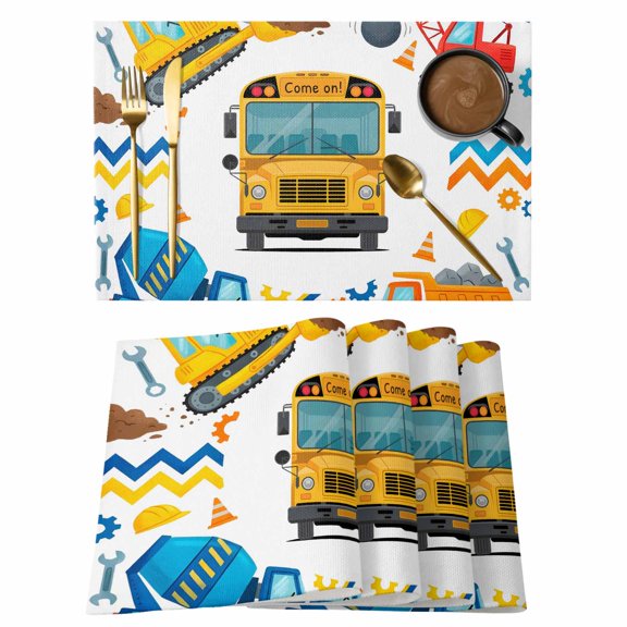 Cartoon Truck Placemats Set of 4 Cute Funny Engineering Vehicle Place Mats Indoor Wipeable Table Mats Washable Cloth Dining Table Placemats for Kitchen Holiday Party Home Decor 13x19 Inch