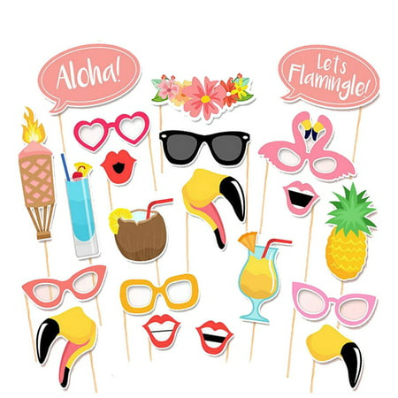 Flamingo Hawaii Themed Summer Party Photo Booth Props Kit DIY Luau Party Supplies for Holiday Wedding Beach Party, 21pcs  Pack