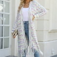 thumbnail image 5 of Cardigans Sweaters for Women Long Sleeve Open Front Tassels Oversized Knitted Coats Knee Length Checkered Color Block Soft Outerwear Sweater, 5 of 8