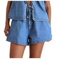 Women Tie Front Top 2 Piece Outfit Denim Set Sleeveless Deep V Neck Vest Jean Elastic Waist Shorts Sets Light Blue M