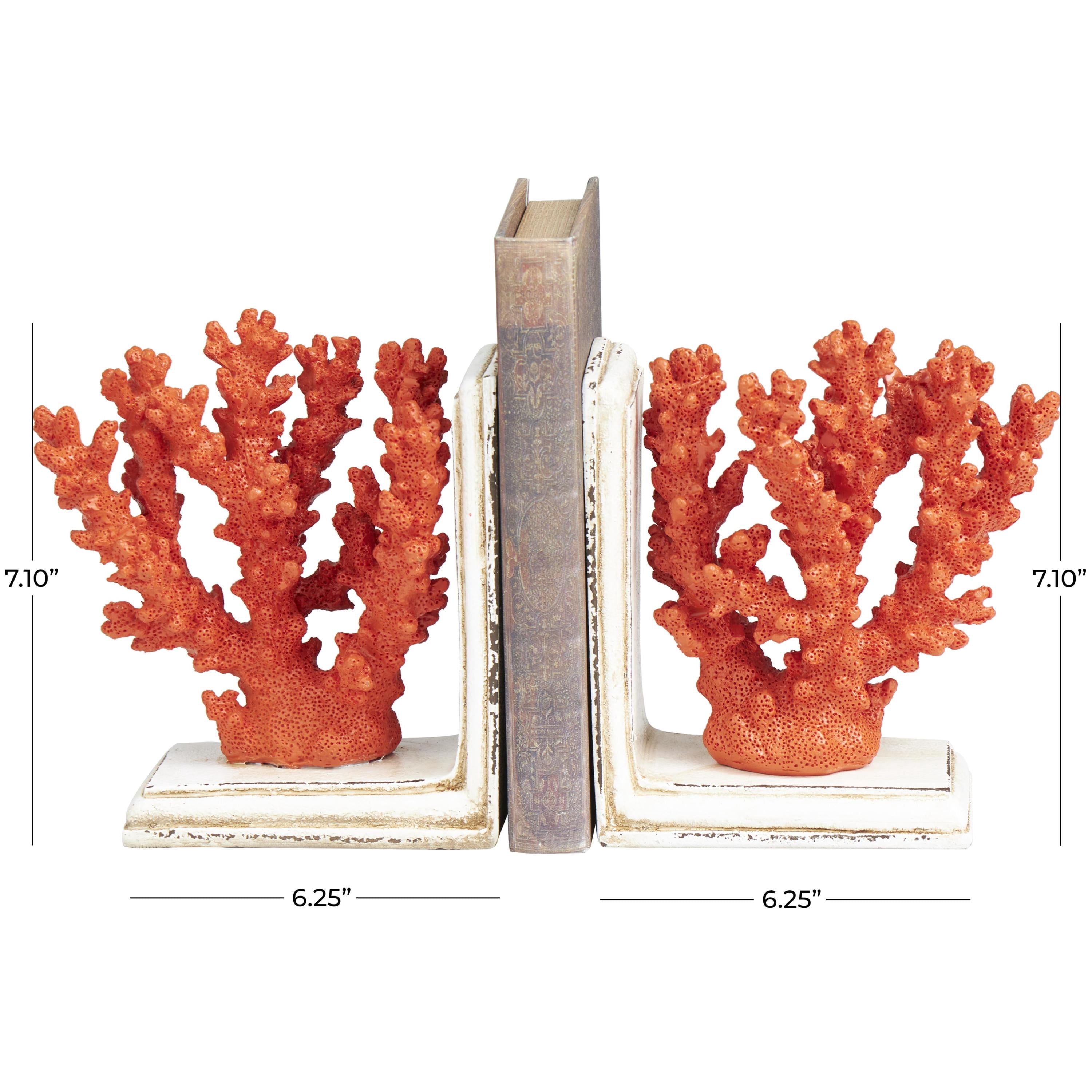 DecMode 6" Textured Coral Orange Polystone Bookends with Cream Base (Set of 2)
