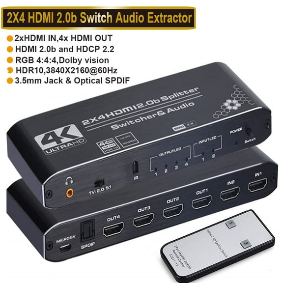 4K HDMI Splitter 2x4,AUBEAMTO HDMI Switch 2 in 4 Out Switcher Box with Audio Extractor and IR Remote Control, Support Ultra 4K HDR,4Kx2K@60Hz, 3D, 1080P,HDMI 2.0b, HDCP 2.2