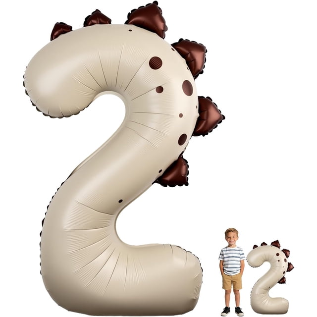 Yanonmyfd Dinosaur Number 2 Balloon, 36 Inch Matcha Green Foil Number Balloon for Dinosaur Birthday Party Decorations, Kids Jungle Theme,Light Beige,2nd