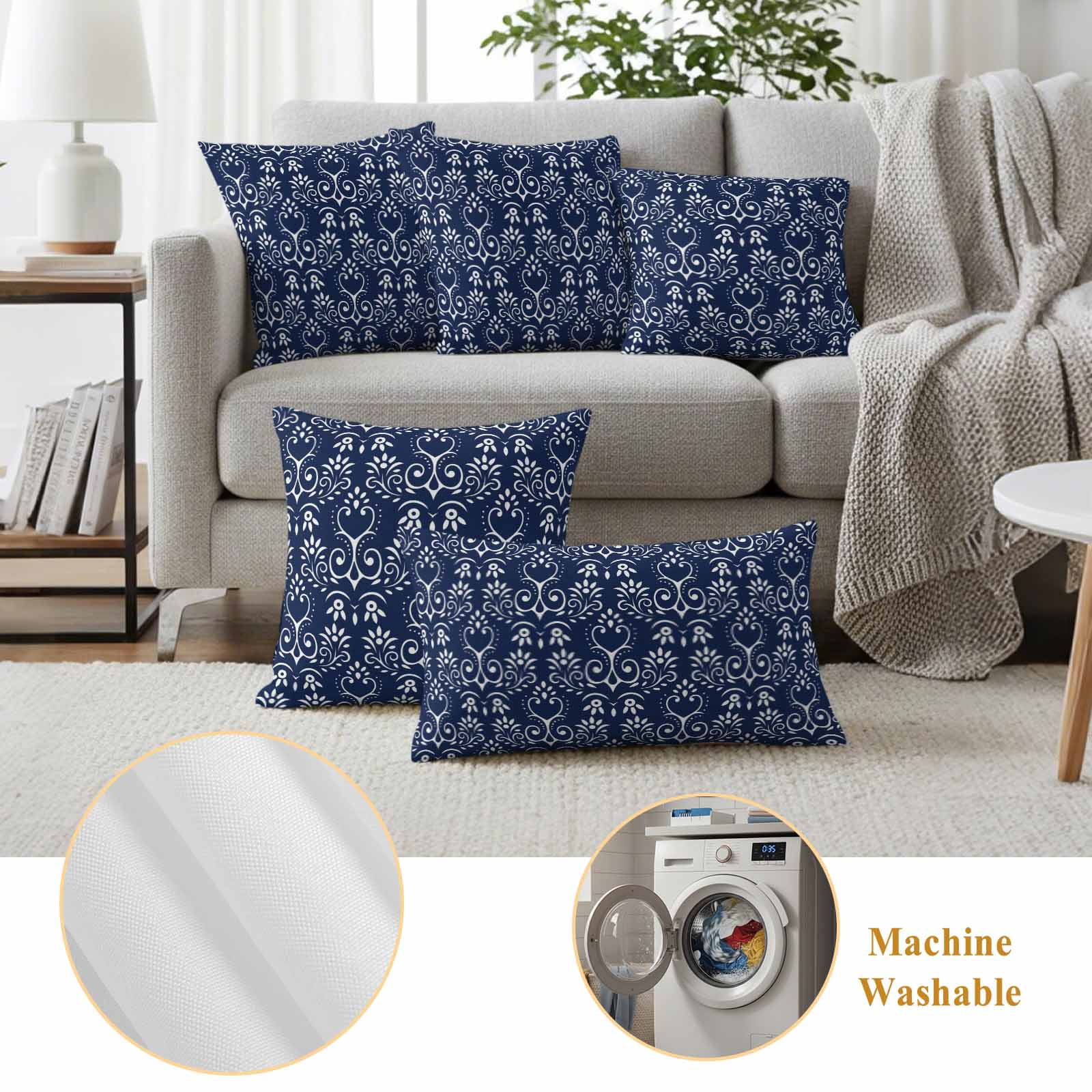 Navy Blue Spring Floral Outdoor Waterproof Pillow Covers, Modern Abstract Art Farmhouse Decorative Square Throw Pillowcase Sofa Cushion Sham for Patio/Couch/Chair, 26"x26" 2 Pack