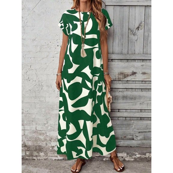 Green Abstract Leaf Print Round Neck Short Sleeve Maxi Casual Dress For Women