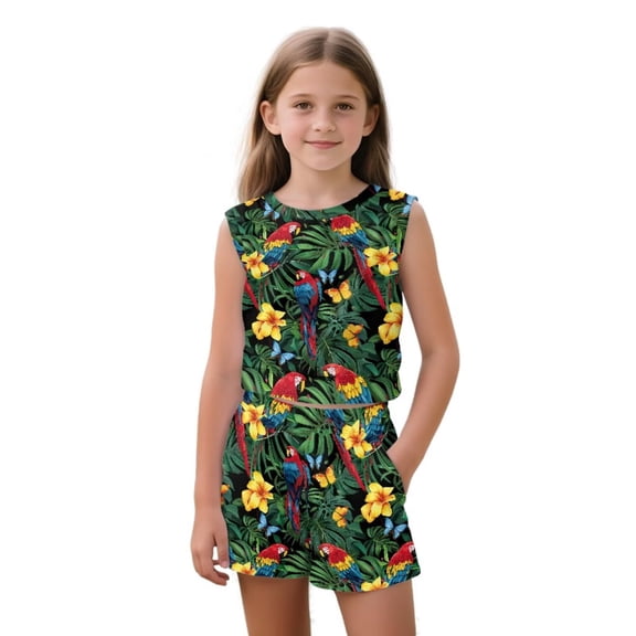 chaqlin Parrot Tropical Flowers Girl's 2 Piece Outfits Short Set for Girls Crew Neck Tank Top and Elastic Waist Shorts Summer Sport Workout Clothes for Kids