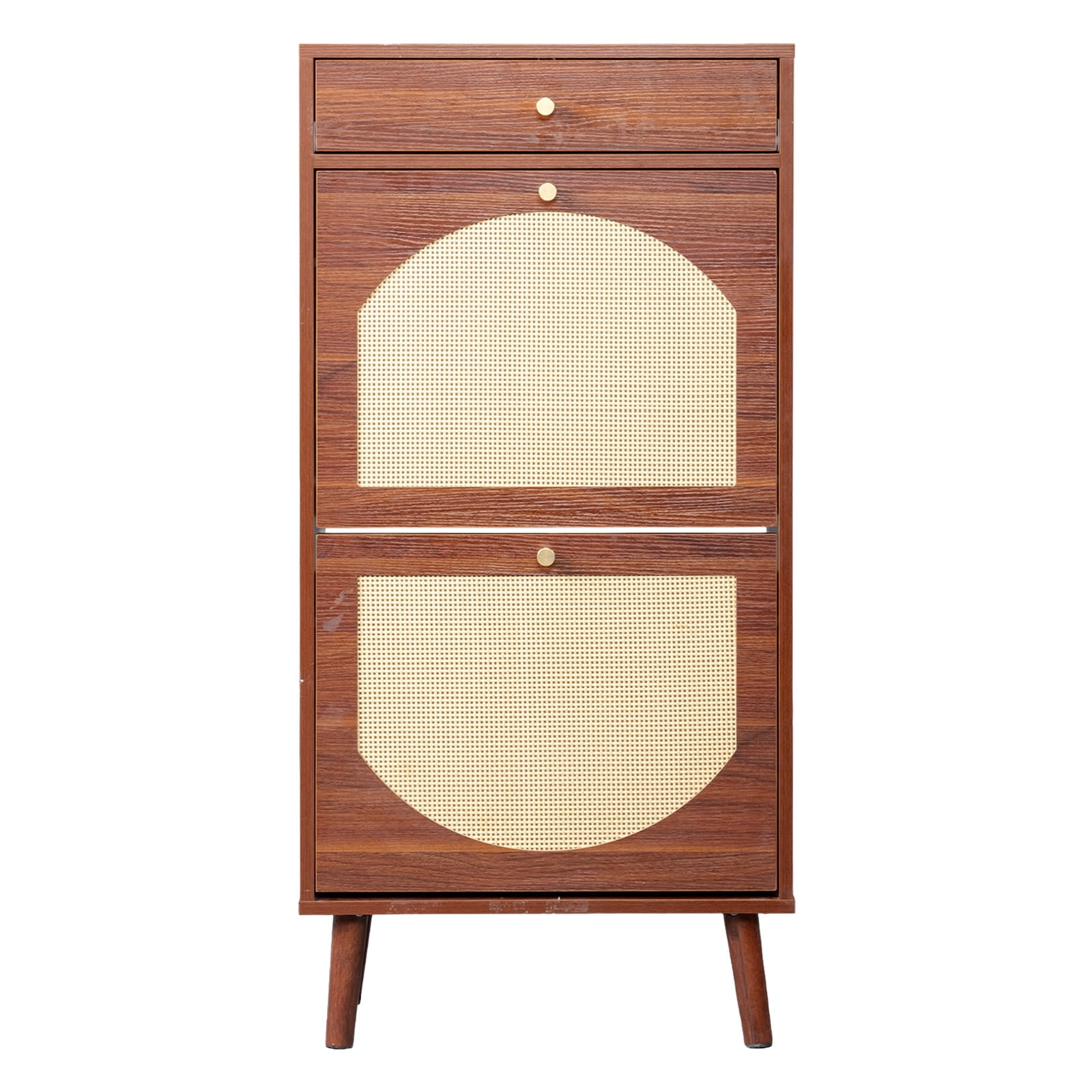 Shoe Cabinet with 1 Drawer & 2 Flip-Down Compartments, Brown Finish Particle Board Shoe Storage Organizer, Slim Space-Saving Entryway Shoe Cabinet for Hallway Apartment