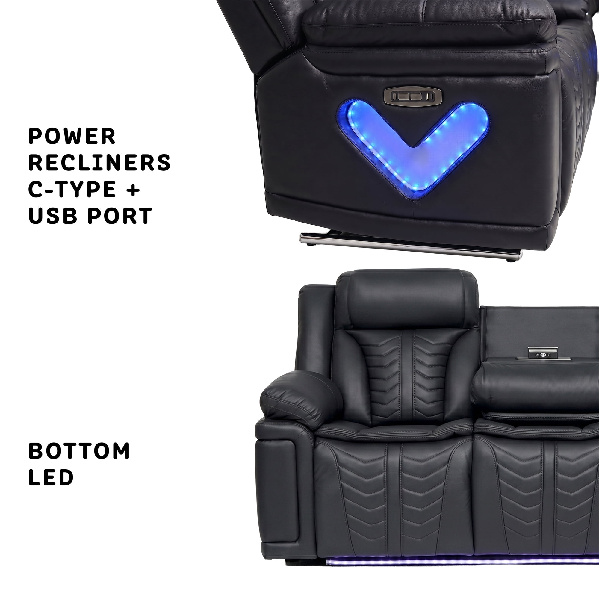 Electra Luxury Power Reclining Sofa - Dark Grey Faux Leather Motion Couch with Drop-Down Table, Wireless Charging, AC/USB/Type-C Power, and Cinematic LED Lighting