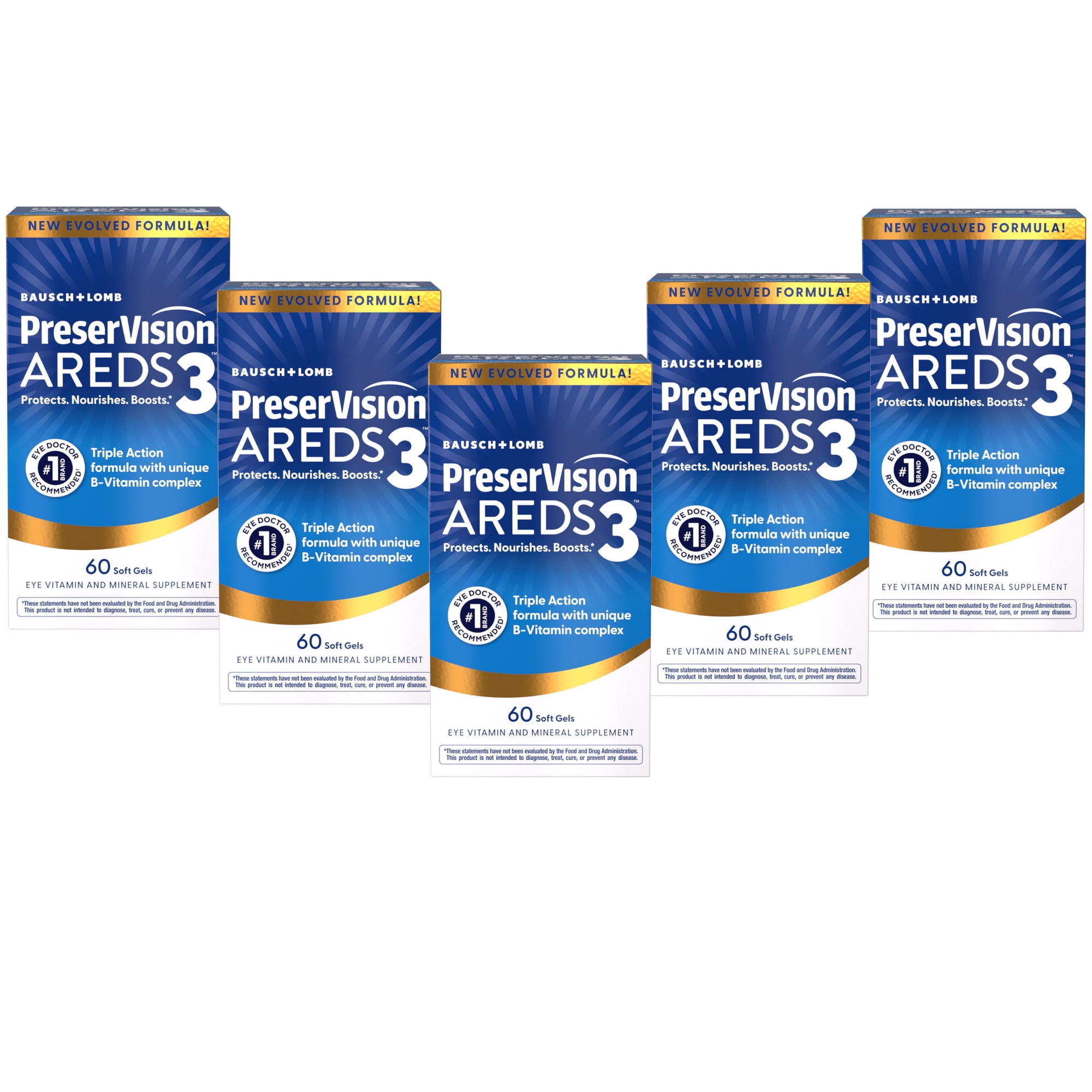 PreserVision AREDS 3 Eye Vitamins Formula with 8 B-Vitamin Complex, 3-in-1 Macular Supplement, 60 Softgels - 5 Pack