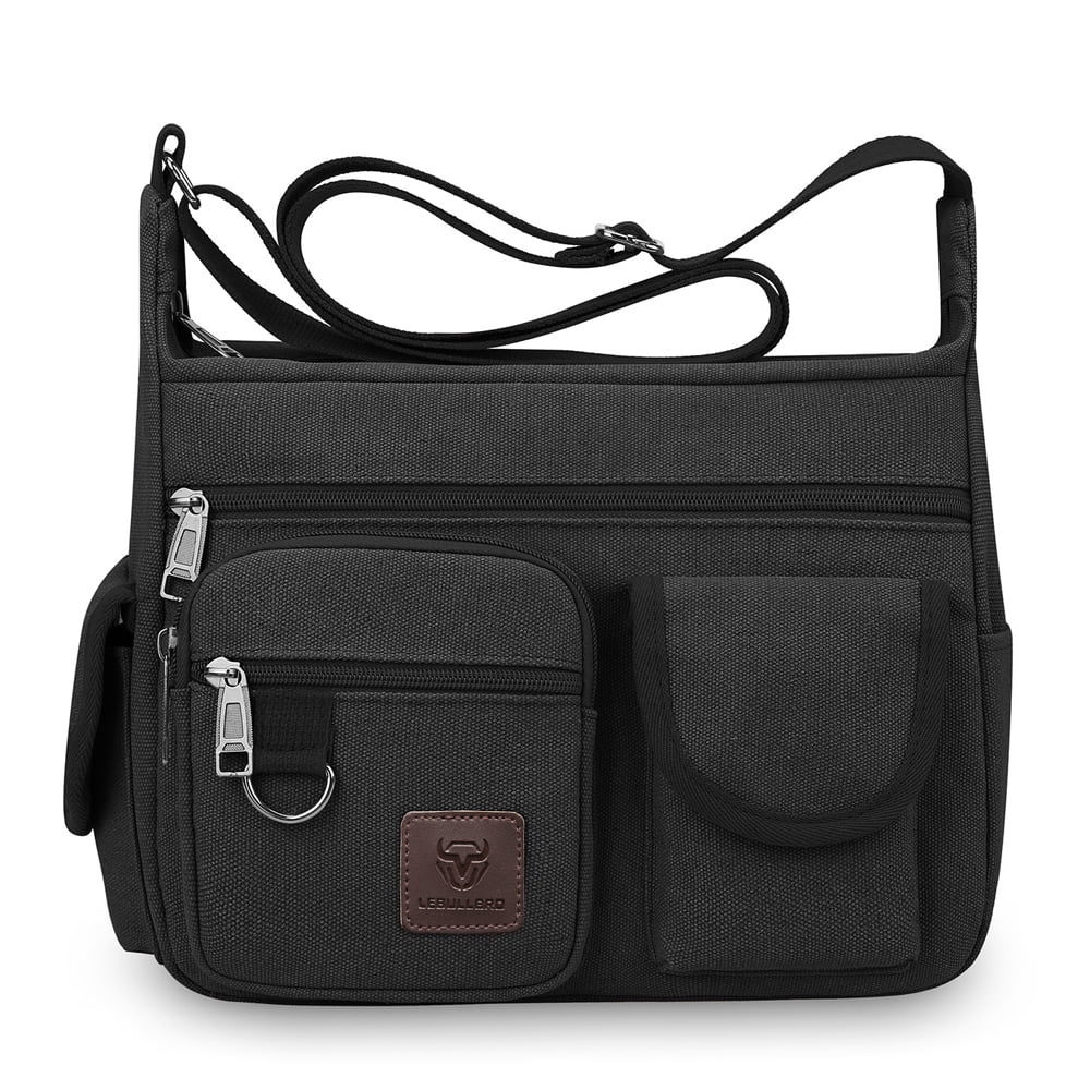 LEBULLBRO Canvas Messenger Bag for Mens Womens Multi-pockets 13 inch Laptop Shoulder Sling Bags School Crossbody Bags Travel Black