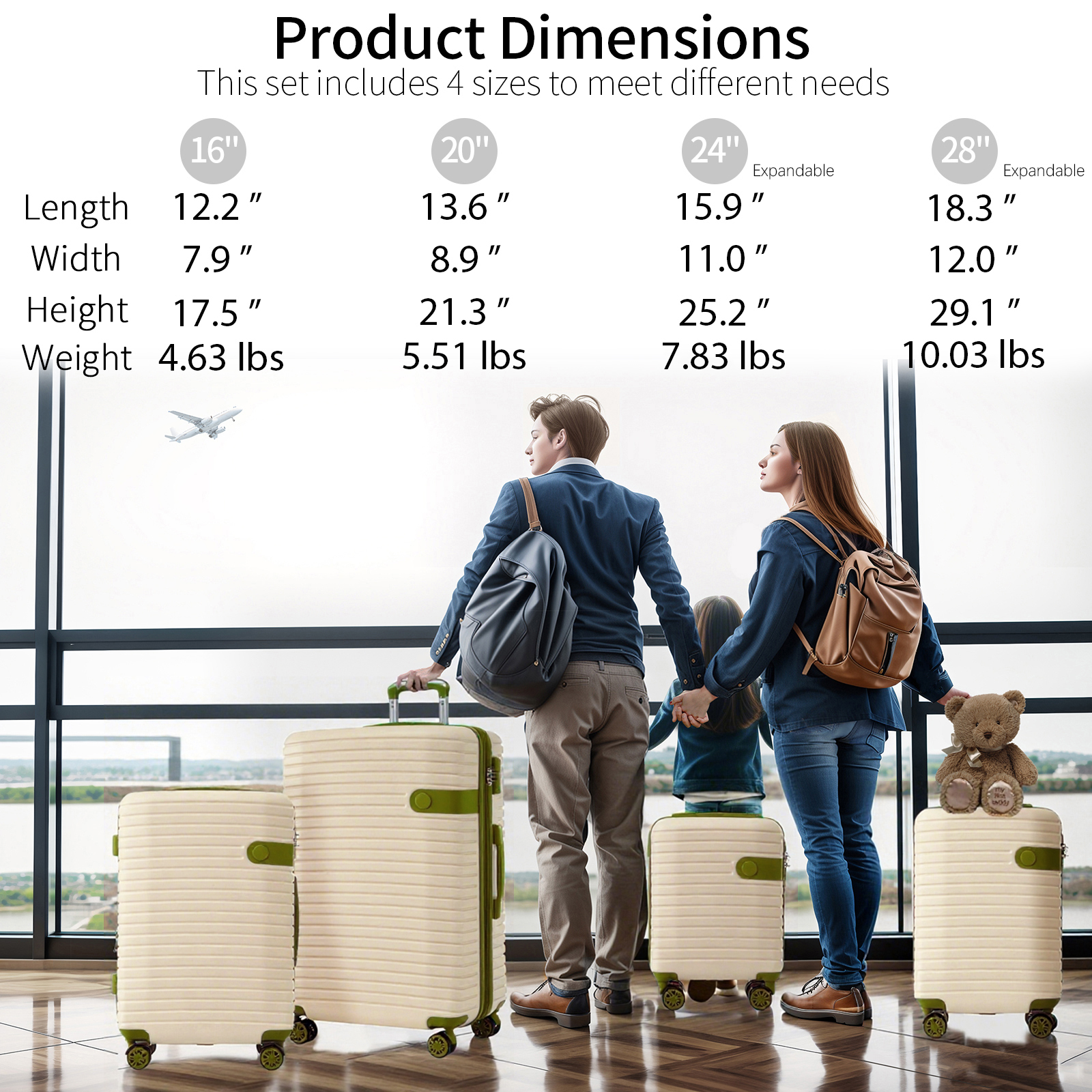 EUROCO 8 Piece Luggage Set, Expandable ABS Durable Suitcase Sets with 4 Packing Cubes,TSA Lock and Spinner Wheels,Lightweight Hardshell Travel Luggage Set,White+Green