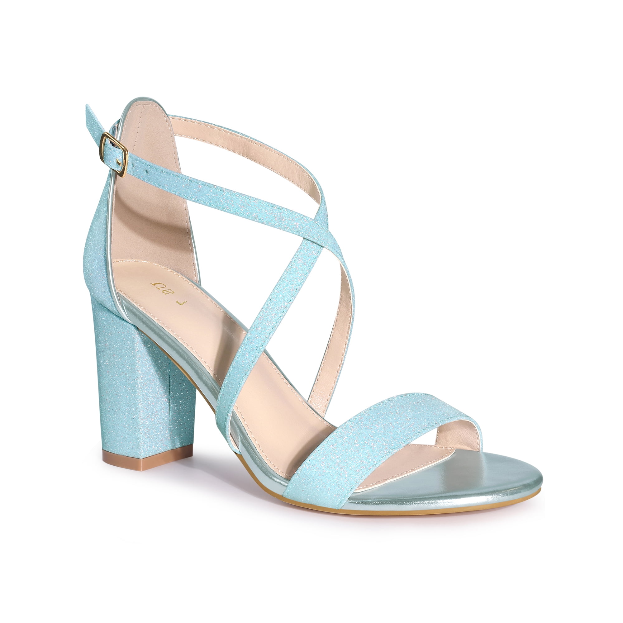 BLISSFUL STEP Women's Shoes Glitter Crisscross Strap Block Heel