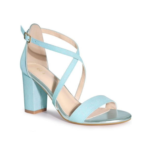Unique Bargains Women s Back to School Glitter Crisscross Strap Block Heels Sandals Sky Blue Size 7 Walmart