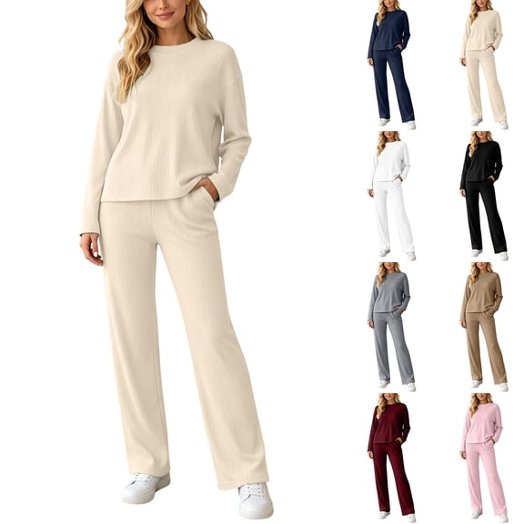 Josdec Women's Ribbed Knit 2‑Piece Loungewear Set, Crew Neck Long Sleeve Tops and High‑Waist Wide‑Leg Pants, S‑2XL