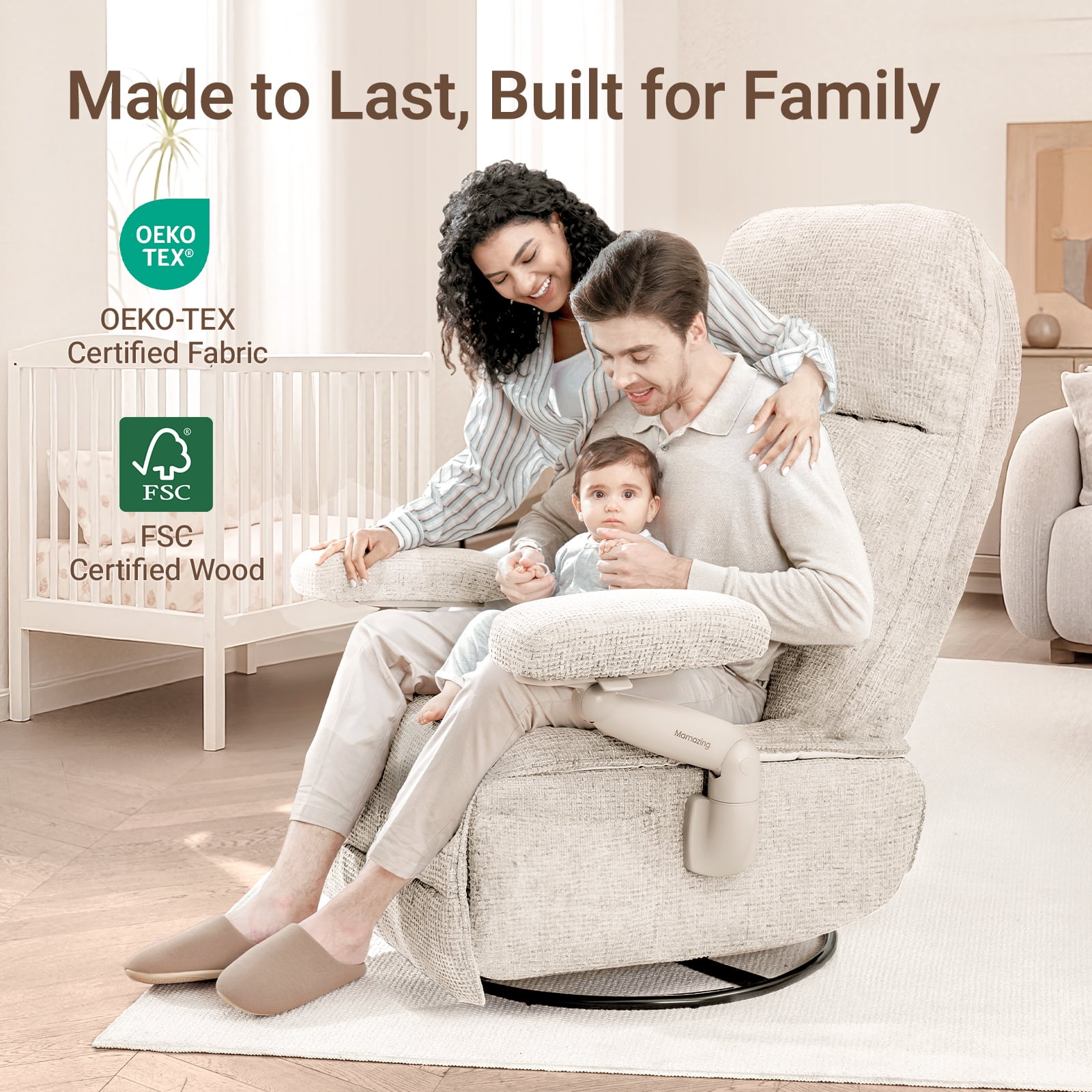 MAMAZING Nursery Chair Silent Rocking Ergonomic Removable Swivel Glider Recliner, Adjustable Armrests & Headrest, White