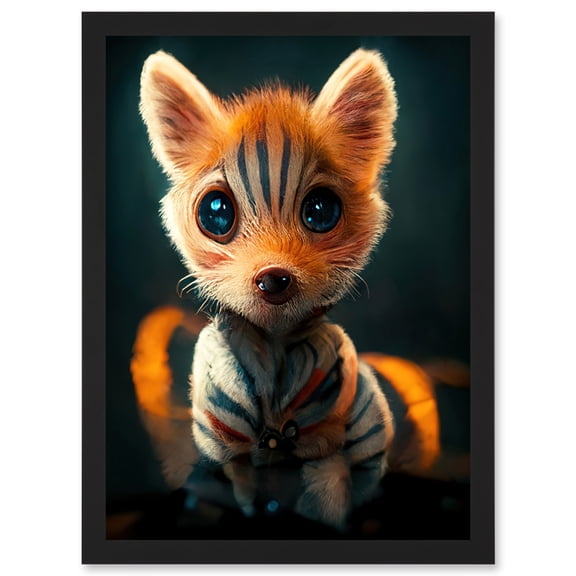 Cute Fox Cub Striped Fur Cartoon Artwork Framed Wall Art Print A4
