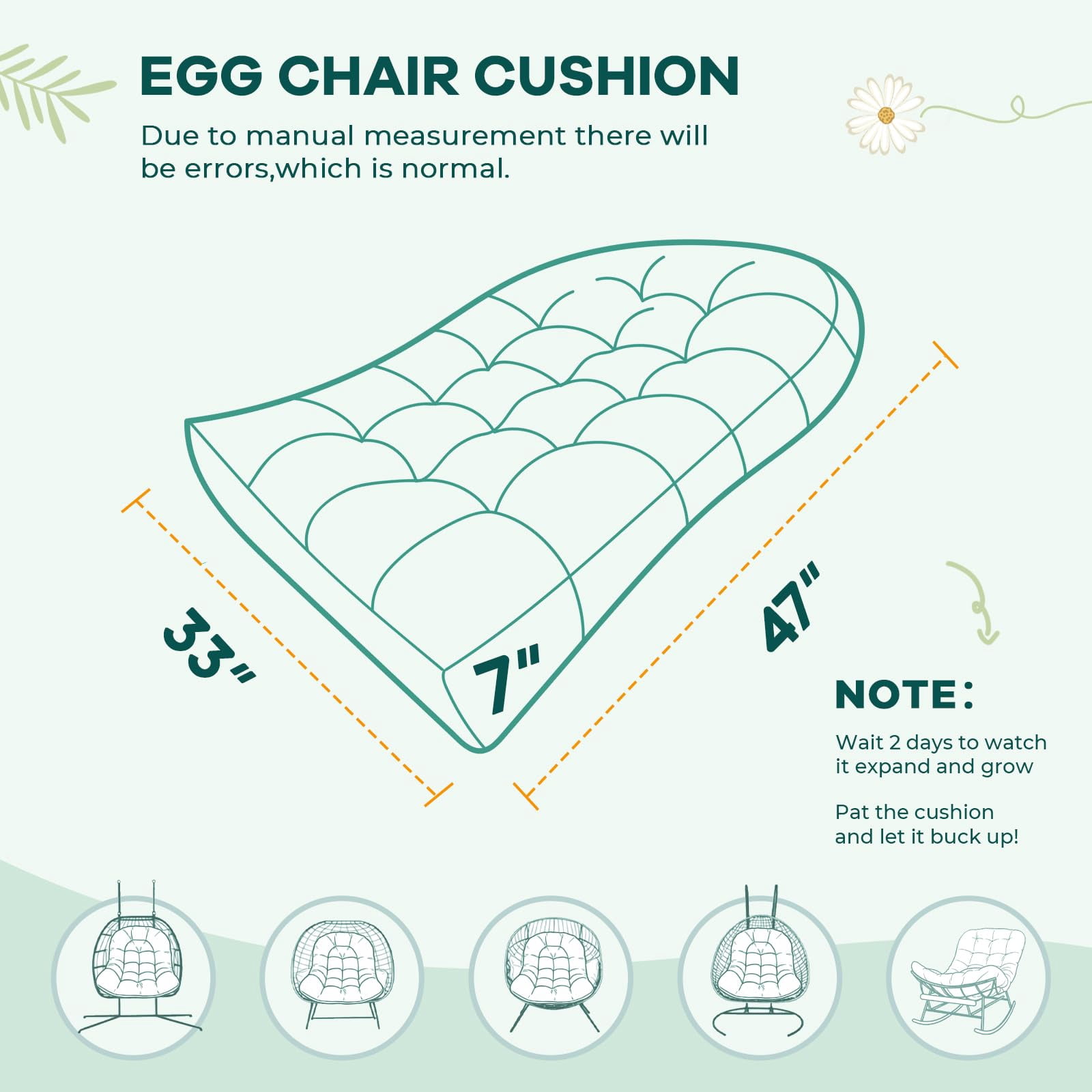 Waterproof Egg Chair Cushion Replacement Outdoor Hanging Egg Chair Cushion 47x35x7 Inches Thicken Couch Cushions with Ties, Blue Enchantress